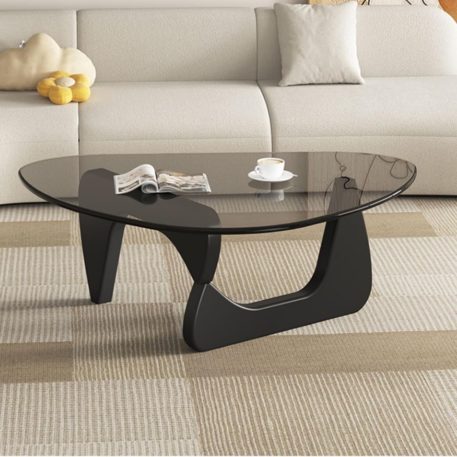 Modern Glass Coffee Table, 32.68″ D x 22.44″ W x 15.75″ H, Abstract Round Tea