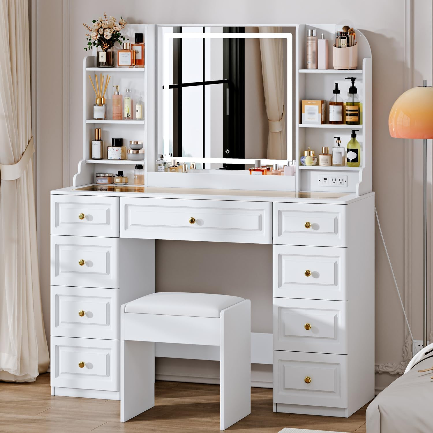 Elegant 43″ Makeup Vanity Desk with Mirror, Lights & Storage for Bedroom