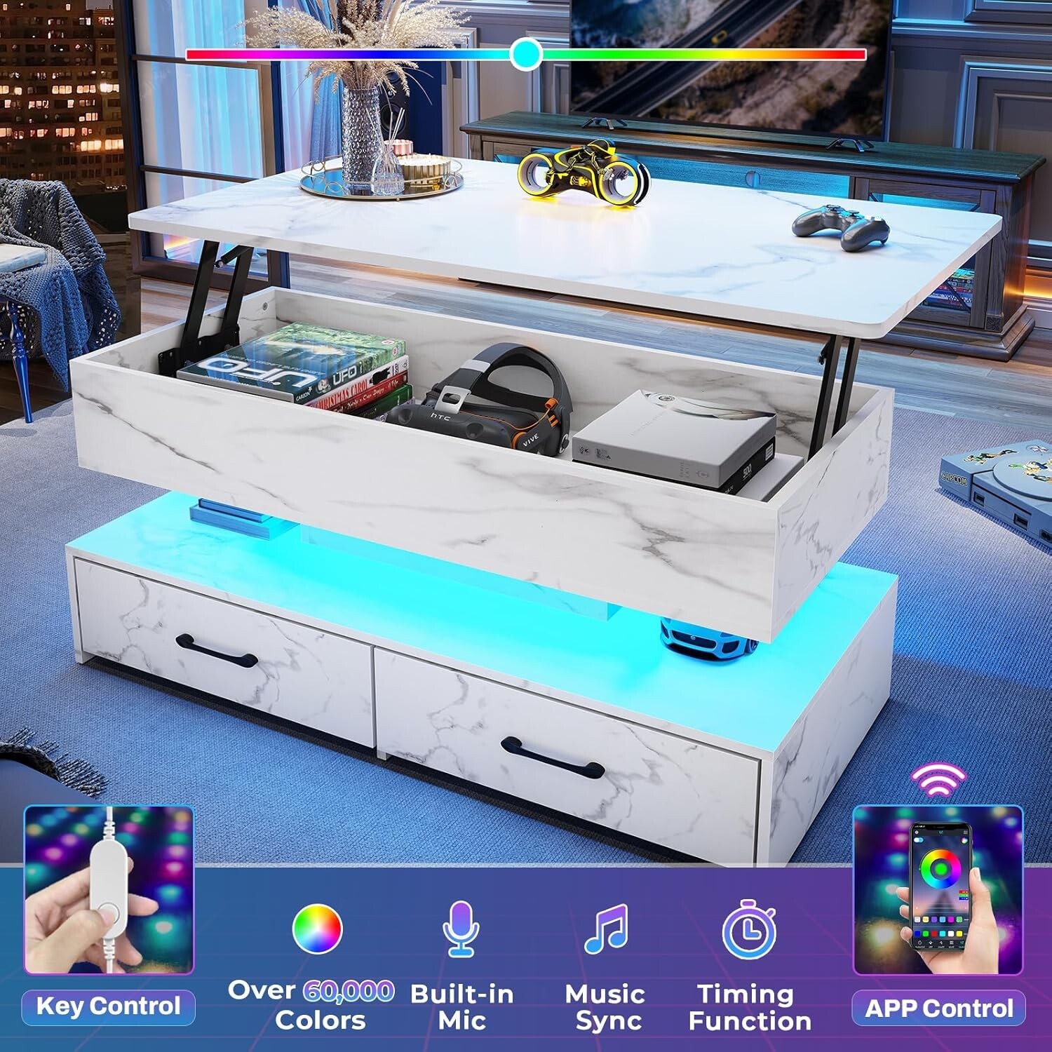 40″ Lift Top Coffee Table with Storage, 2 Fabric Drawers and LED Light