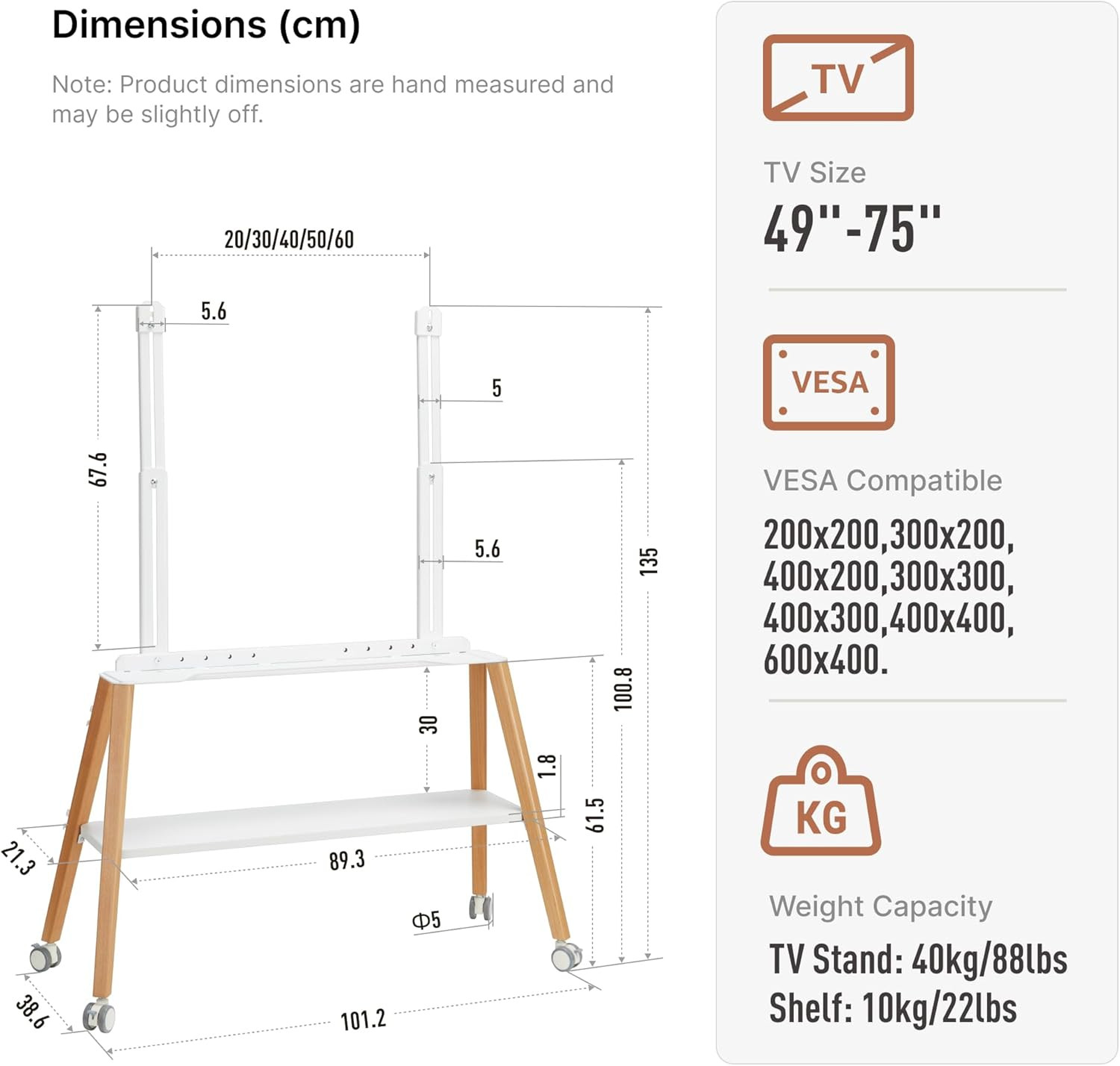 Rolling Easel TV Stand for 49–75 Inch Tvs, Mobile TV Cart with Lockable Wheels,
