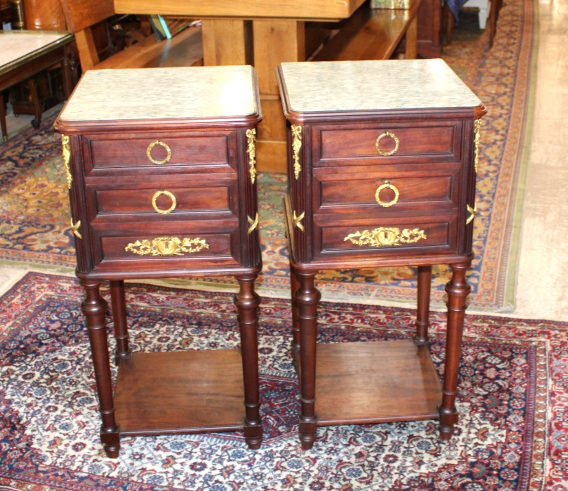 Pair of French Antique Louis XVI Mahogany Nightstands / Bedside Tables