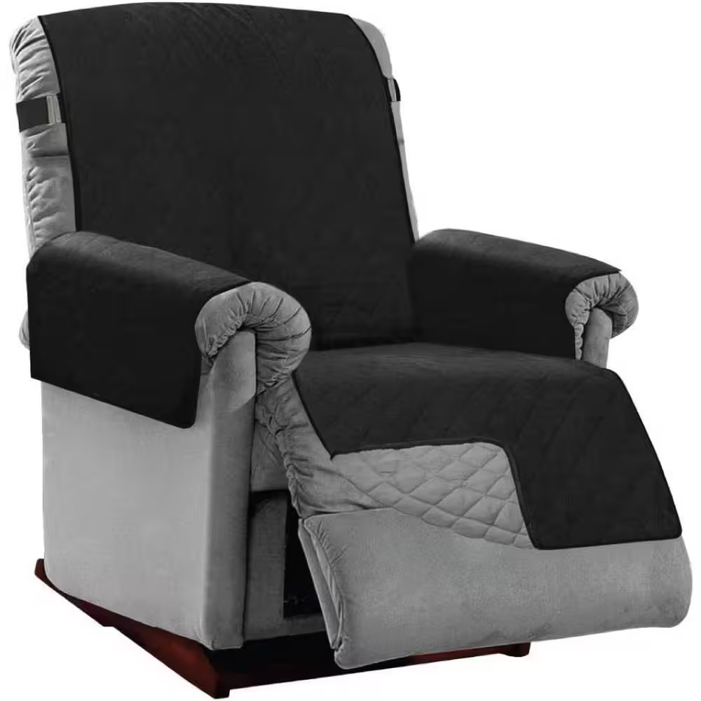 Black Sofa Sheild Recliner Slip Cover with Patented Strap and Reversible Stain f