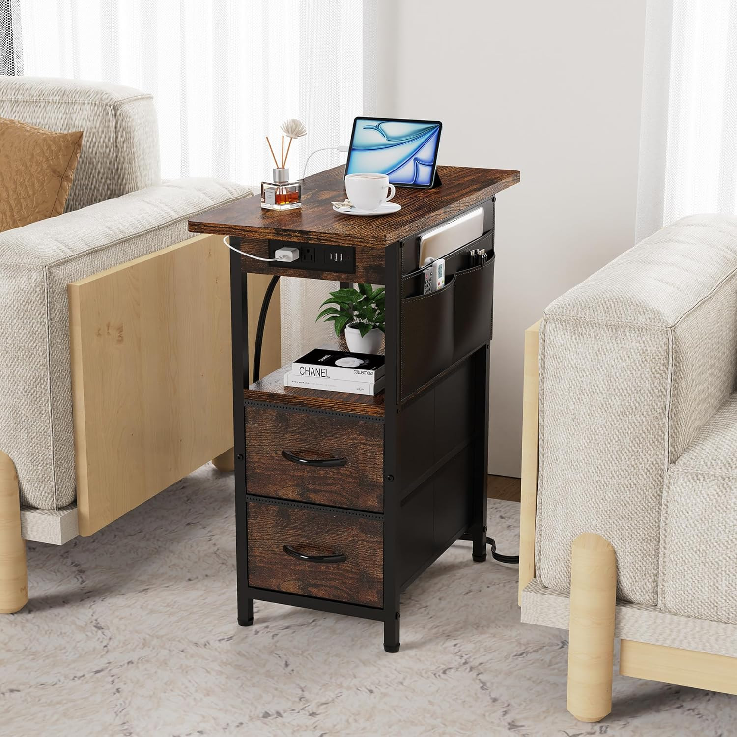 Small Side Table with Charging Station, Narrow Nightstand Bedside