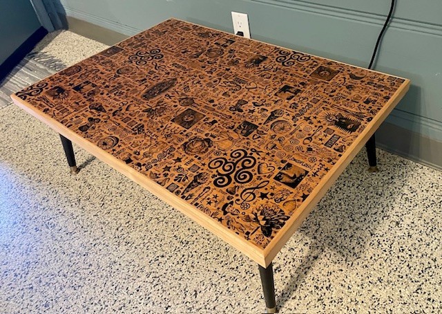OOAK Handmade Hand-stamped TATTOO ART Wood COFFEE TABLE by PATRICIA & JON HECKER