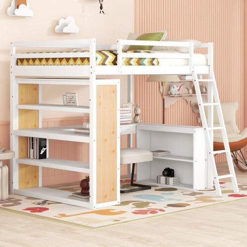 Solid Wood Loft Bed with Desk Bookshelves Storage Cabinet Bedroom Furniture Sets