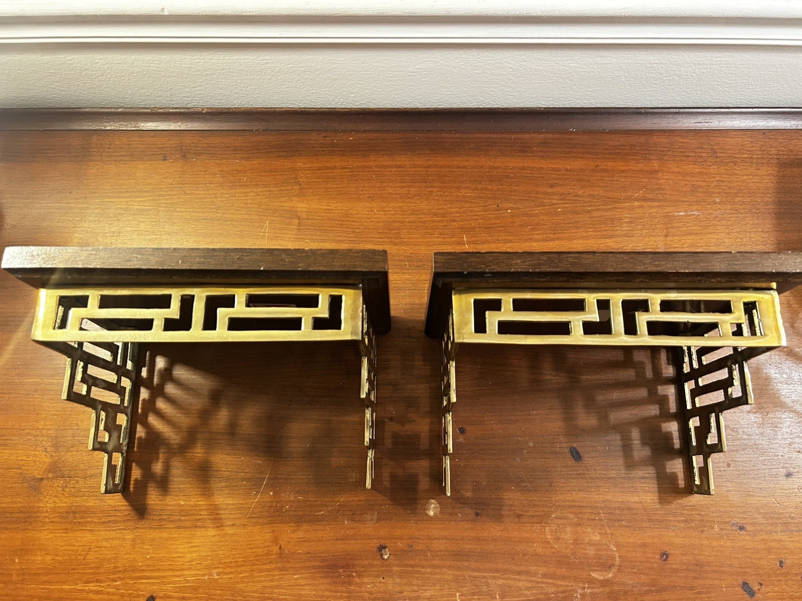 Pair Asian Solid Brass and Wood Chinoiserie Pagoda‑Style Wall Shelf att to Gatco
