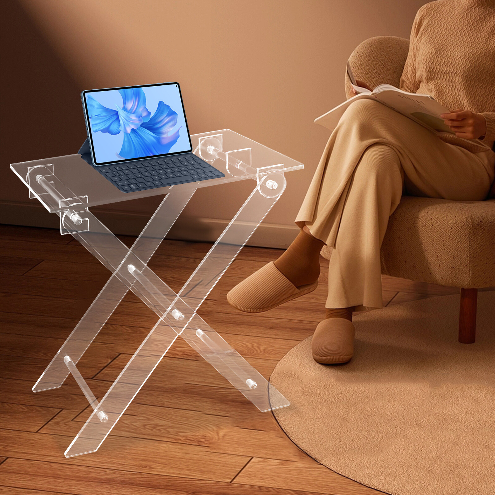 50cm/19.69in Folding Table Multifunctional Portable Acrylic Table X-Shaped Clear