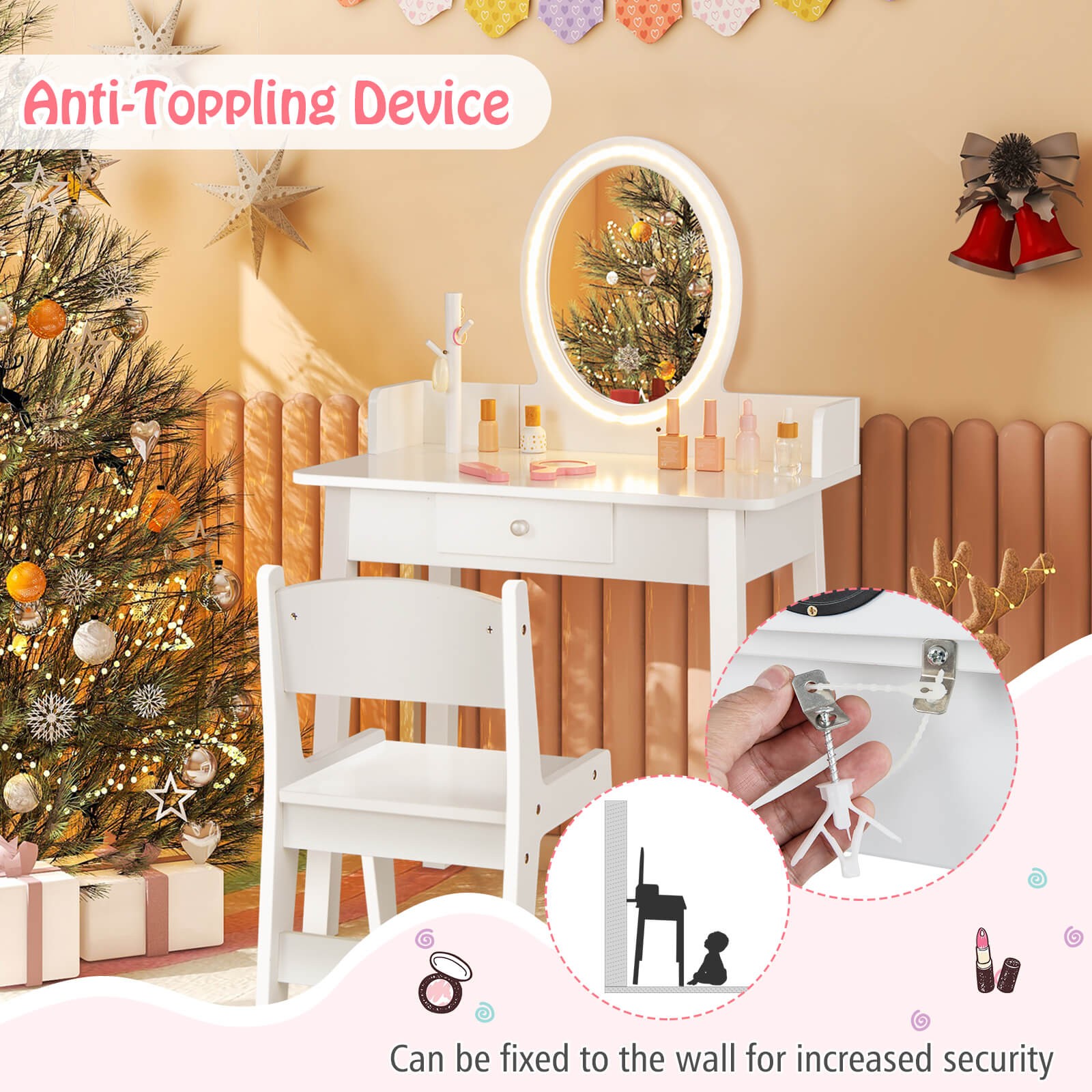 Kids Vanity Table w/Lighted Mirror & Chair 2-Color LED Lighting Drawer for Girls