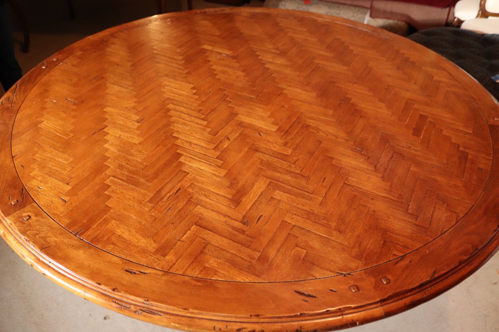 Vintage Guy Chaddock Style Round Herringbone Parquetry Dining Table