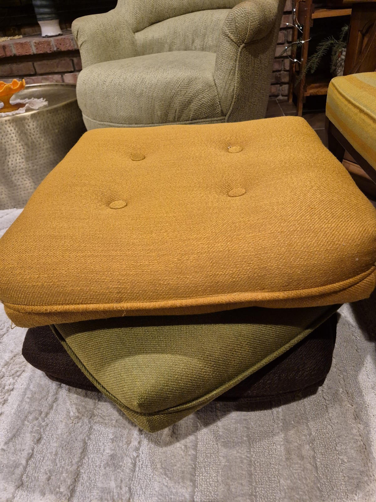 Vtg Mid Century Pillow Ottoman on Wheels Green Orange Gold Velvet Velour MCM