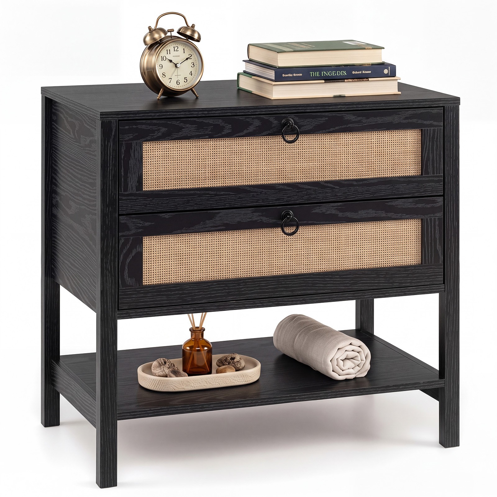 27” Rattan Nightstand, Bedside Table w/2 Drawers Open Storage Shelf for Bedroom