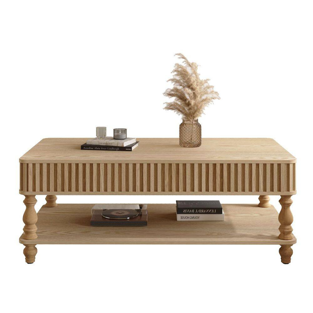 Babbitt 47.24 In. Natural Rectangle MDF and Solid Wood Coffee Table with Adjusta