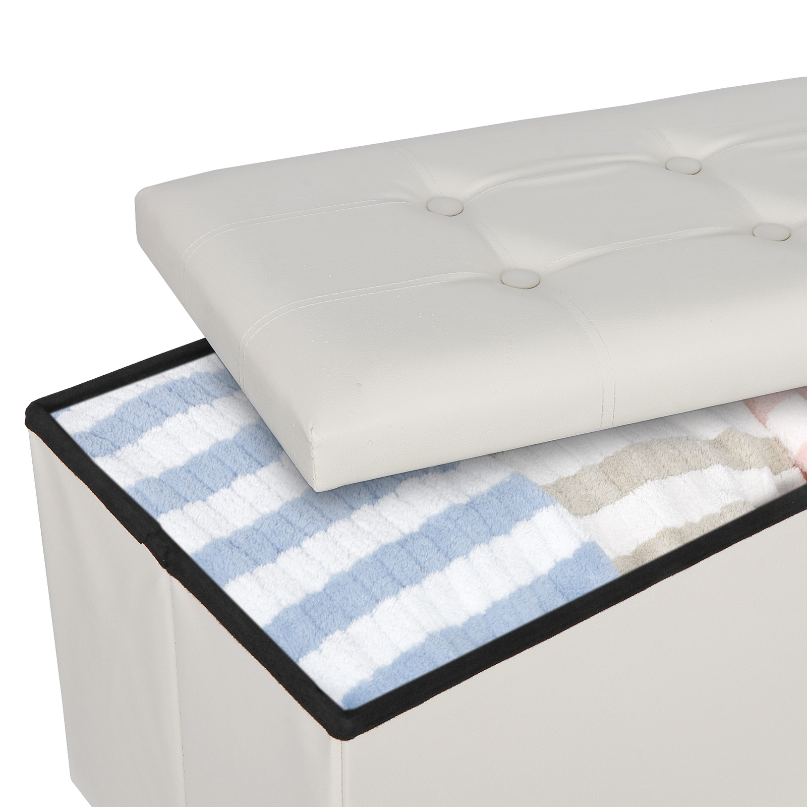 Durable 30″ Ottoman Storage Bench Chest Folding Footstool W/Removable Lid Beige