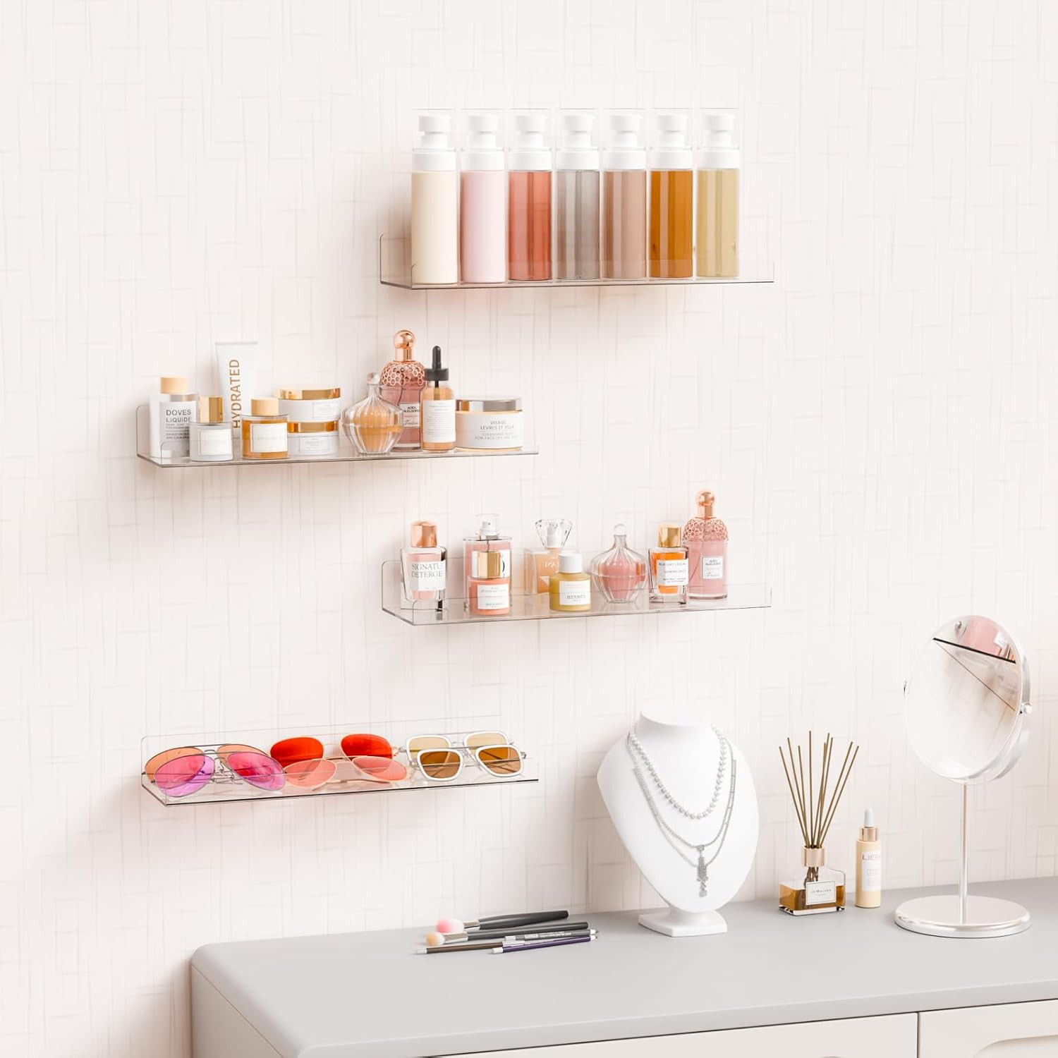 15″ Acrylic Floating Wall Shelves – No Drilling, Clear Display Storage