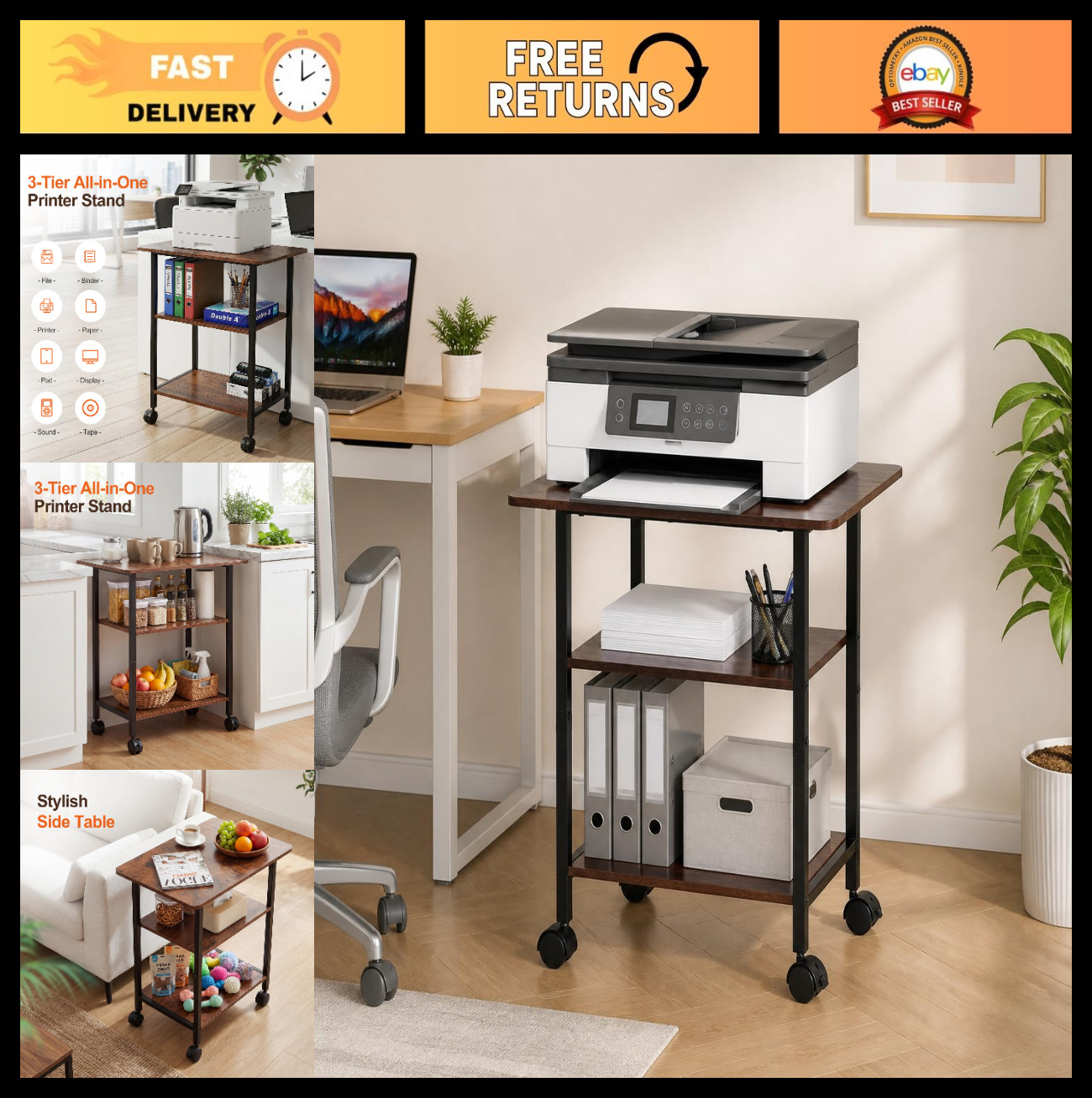 3-Tier Mobile Printer Stand with Wheels, Industrial Cart & Storage Shelf for Hom