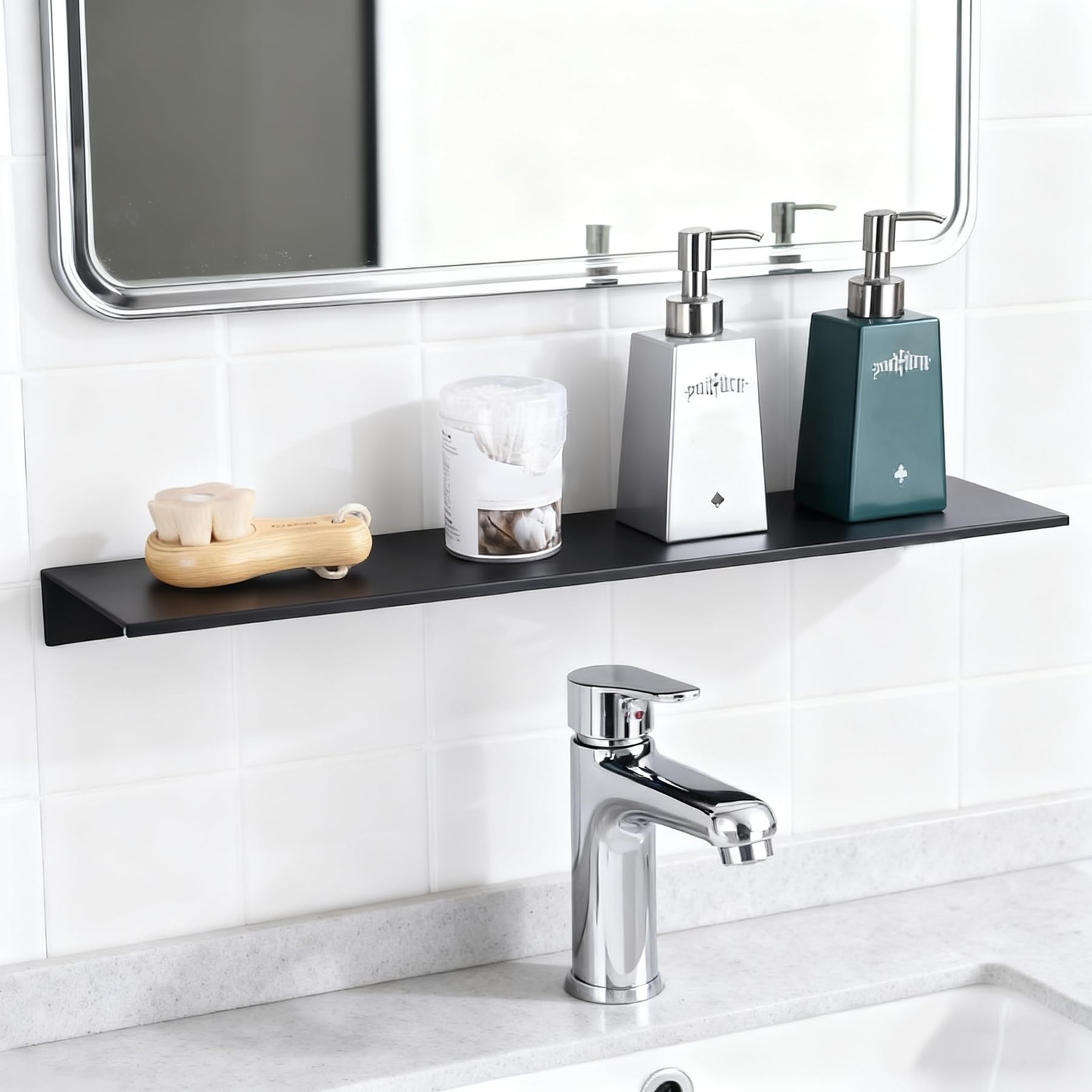 Floating Wall Shelf Adhesive Aluminum Bathroom Vanity 15.7 Inches Black