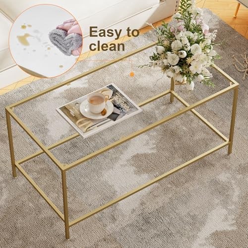 Glass Coffee Table, Modern Rectangular Coffee 39.4 x 19.7 x 17.7 Inches Golden