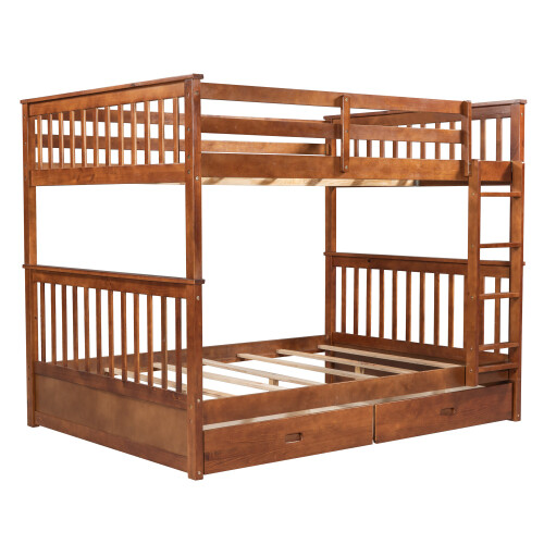 Full Over Full Bunk Bed W/ Storage Drawers Wood Platform Beds Bedroom Furniture