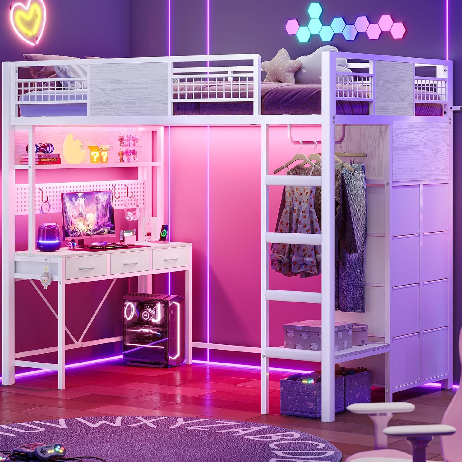 ADORNEVE Twin Size Loft Bed with Desk, 11 Storage Drawers & RGB LED Lights, Meta