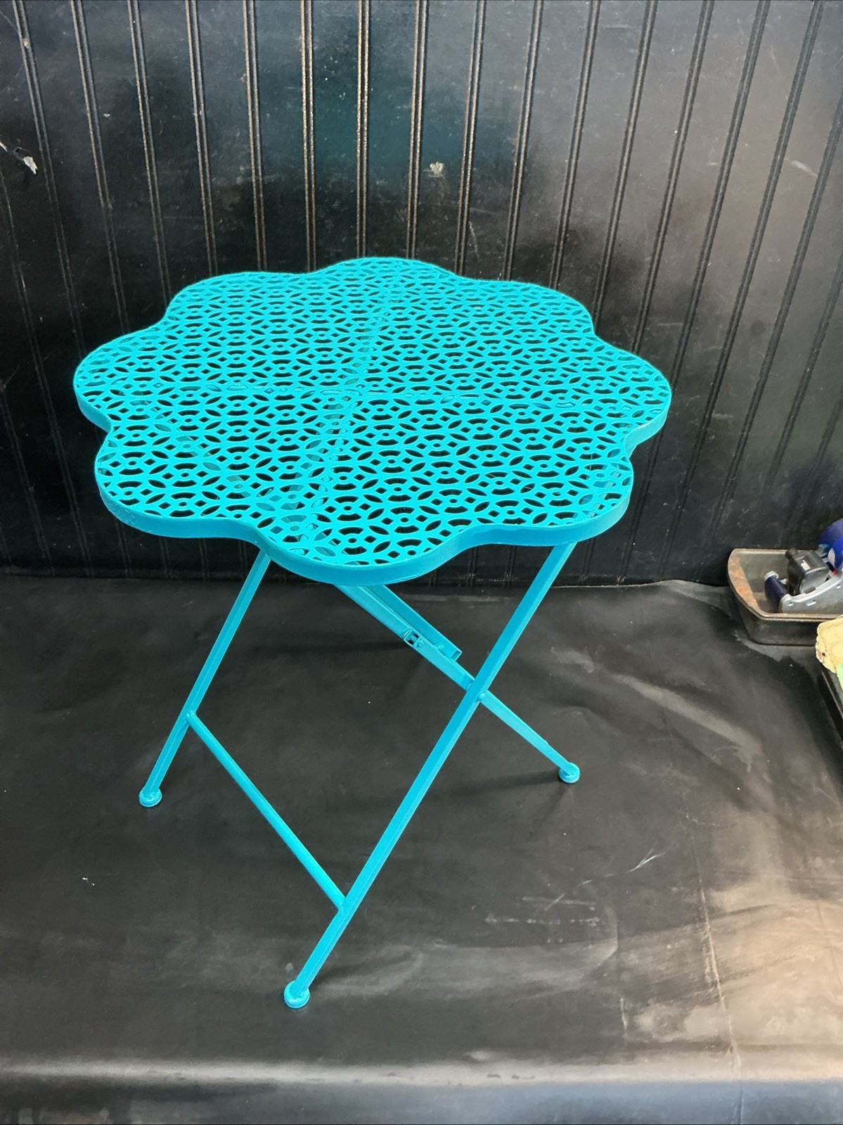 Turquoise Folding metal Bistro Garden Table 20in Tall 18in Round Free Shipping