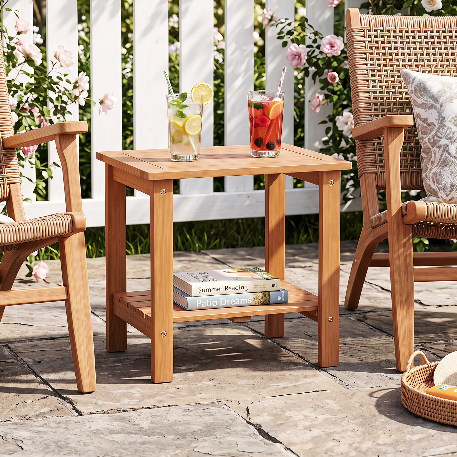 2PCS Outdoor Eucalyptus Wood Side Table with Slatted Tabletop & Storage Shelf