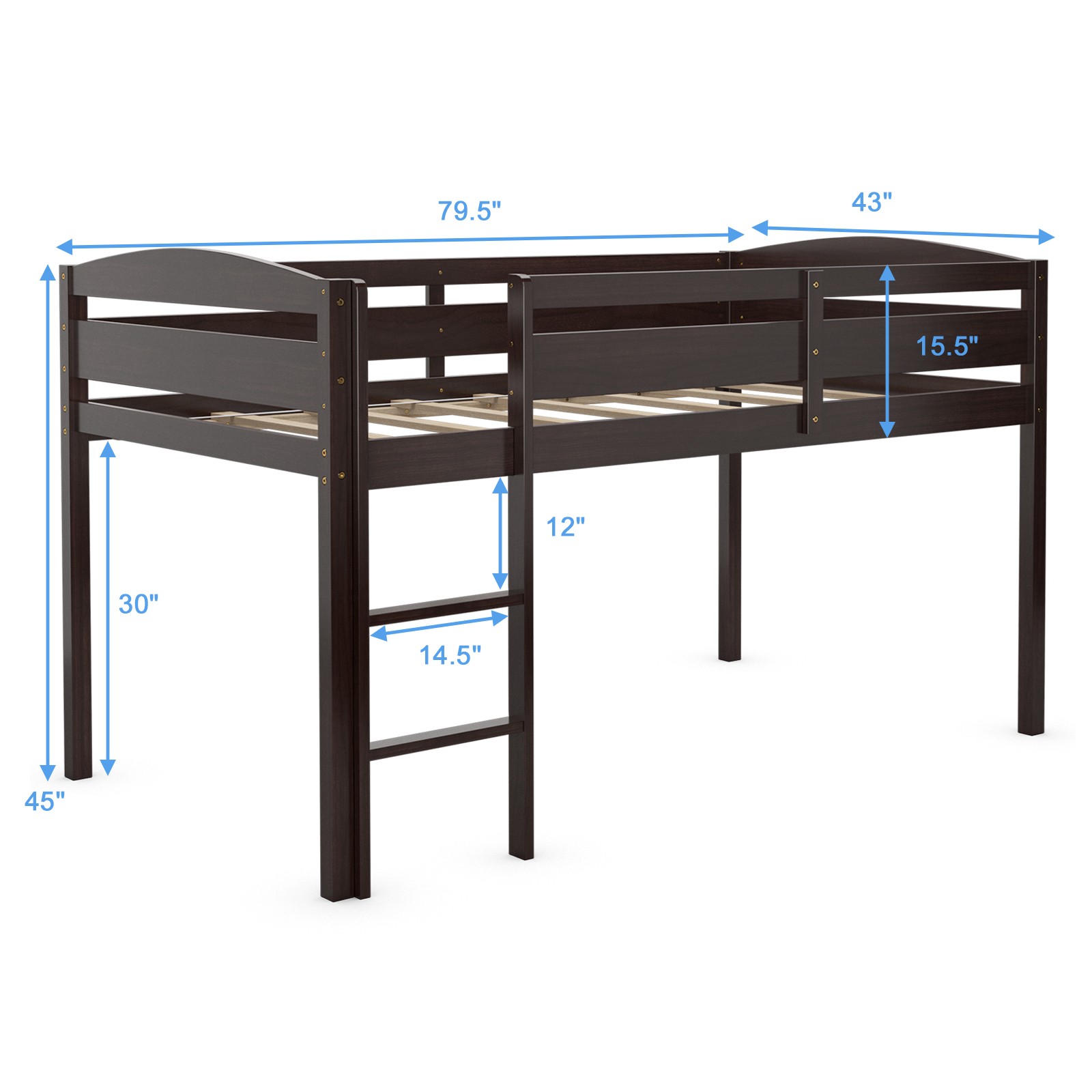 Costway Twin Low Loft Bunk Junior Bed Bedroom Wooden Guard Rail Ladder