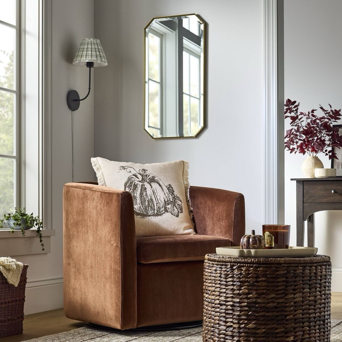 Threshold Vernon Upholstered Swivel Barrel Accent Chair with Arms in Rust