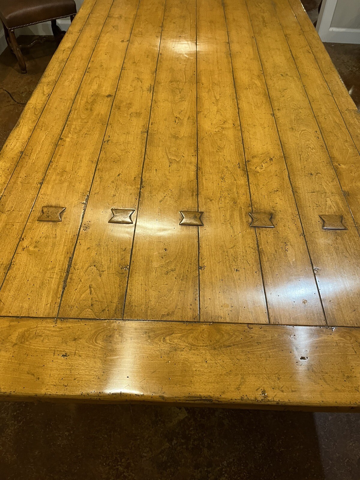 Milton Double Pedestal Trestle Table Guy Chaddock Custom 9’x4’x31” Med Distress