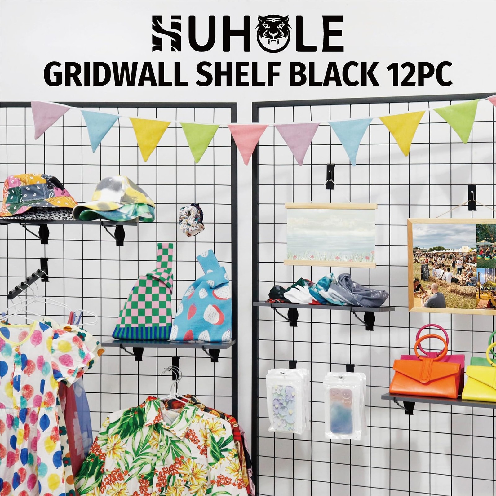 HUHOLE 4 Pack Gridwall Shelves 16 x 8 Inch Wooden Grid Wall Shelf with Metal …