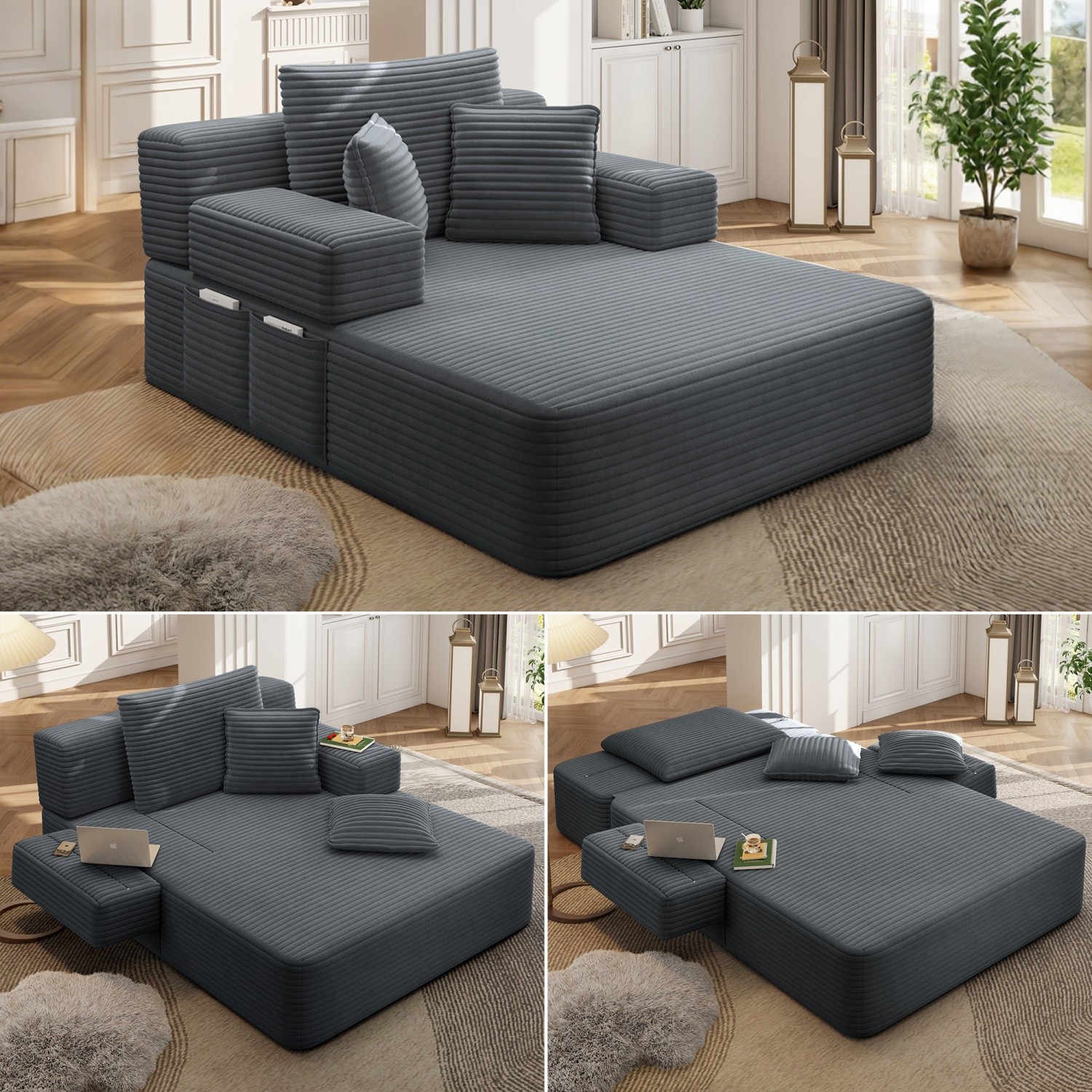 Modern Plush Corduroy Sofa Bed Chaise Lounge No Assembly Required with 3 Pillows