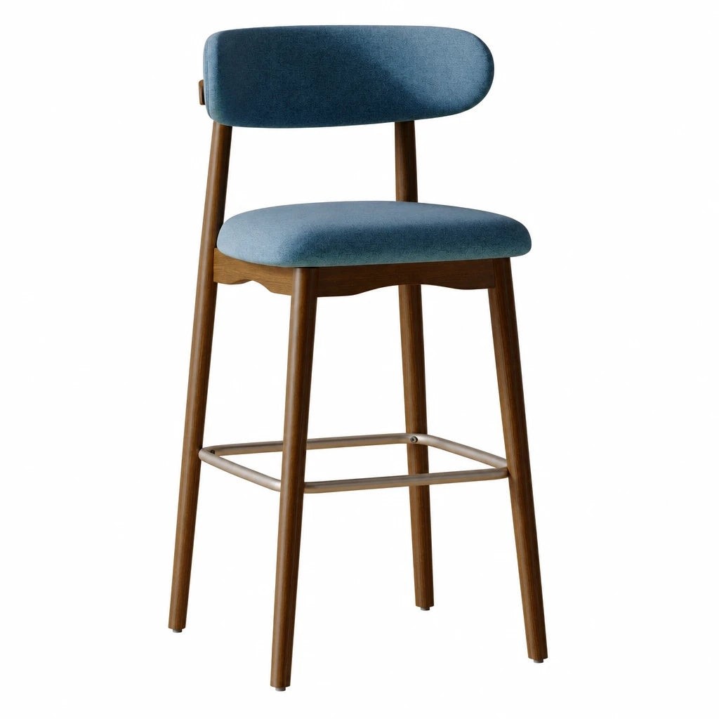 Counter Height Bar Stools Set of 2 Blue Upholstered Wood Legs with Back