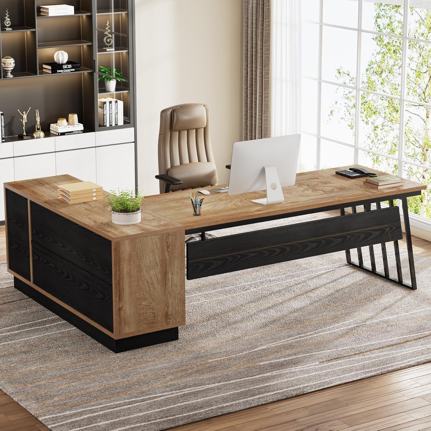 70.87” L-Shaped Executive Desk with Cabinet, Modern Large Office Computer Desk