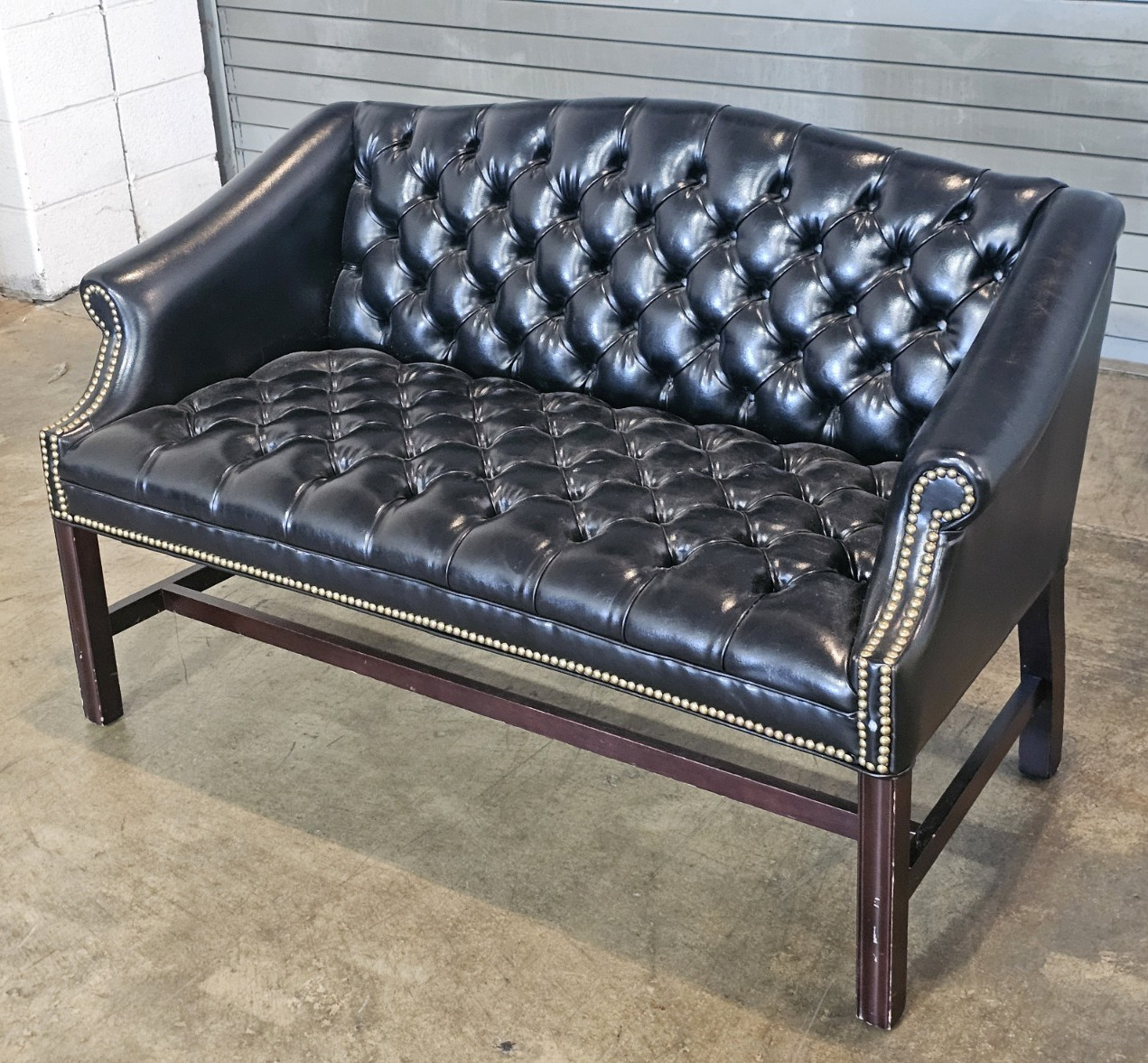 Chesterfield Black Leather Tufted Leather Settee Mahogany Frame Nail Head Trim