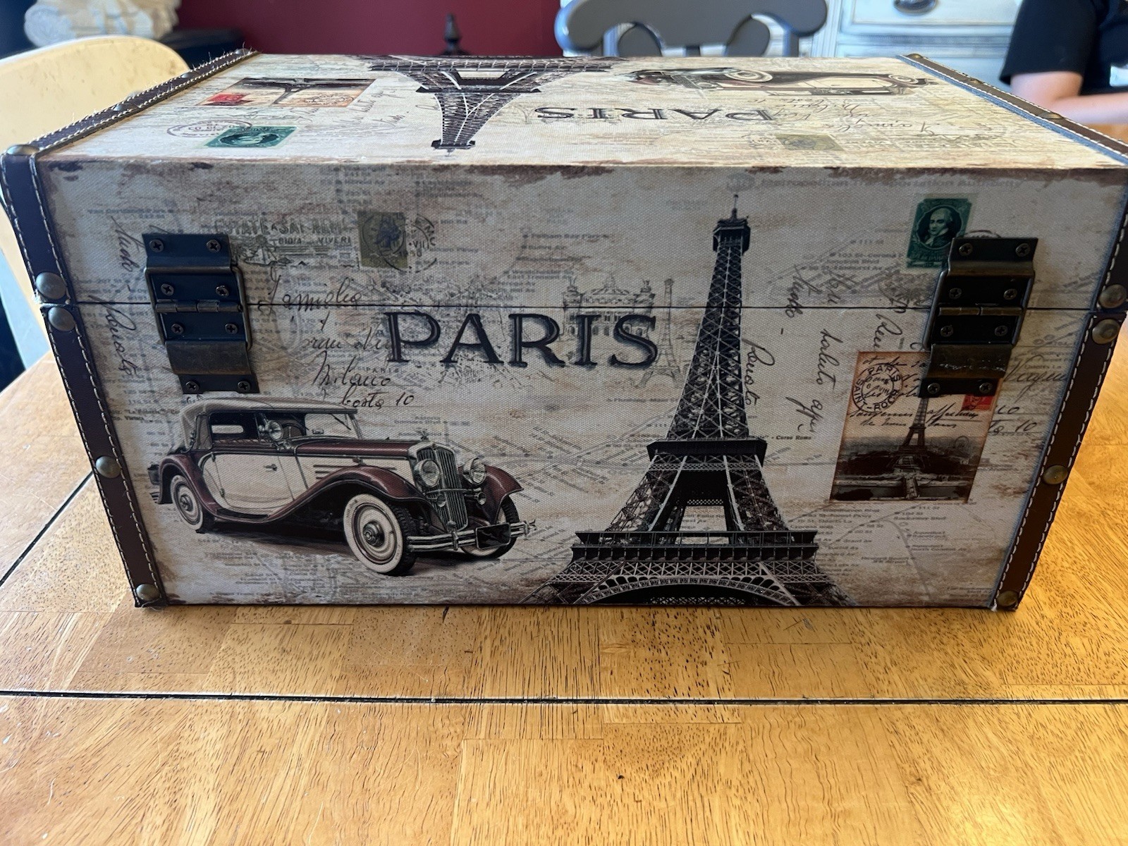 Paris Eiffel Tower Travel Storage Trunk Chest, Fabric/Metal, Hinged Lid 8x16in