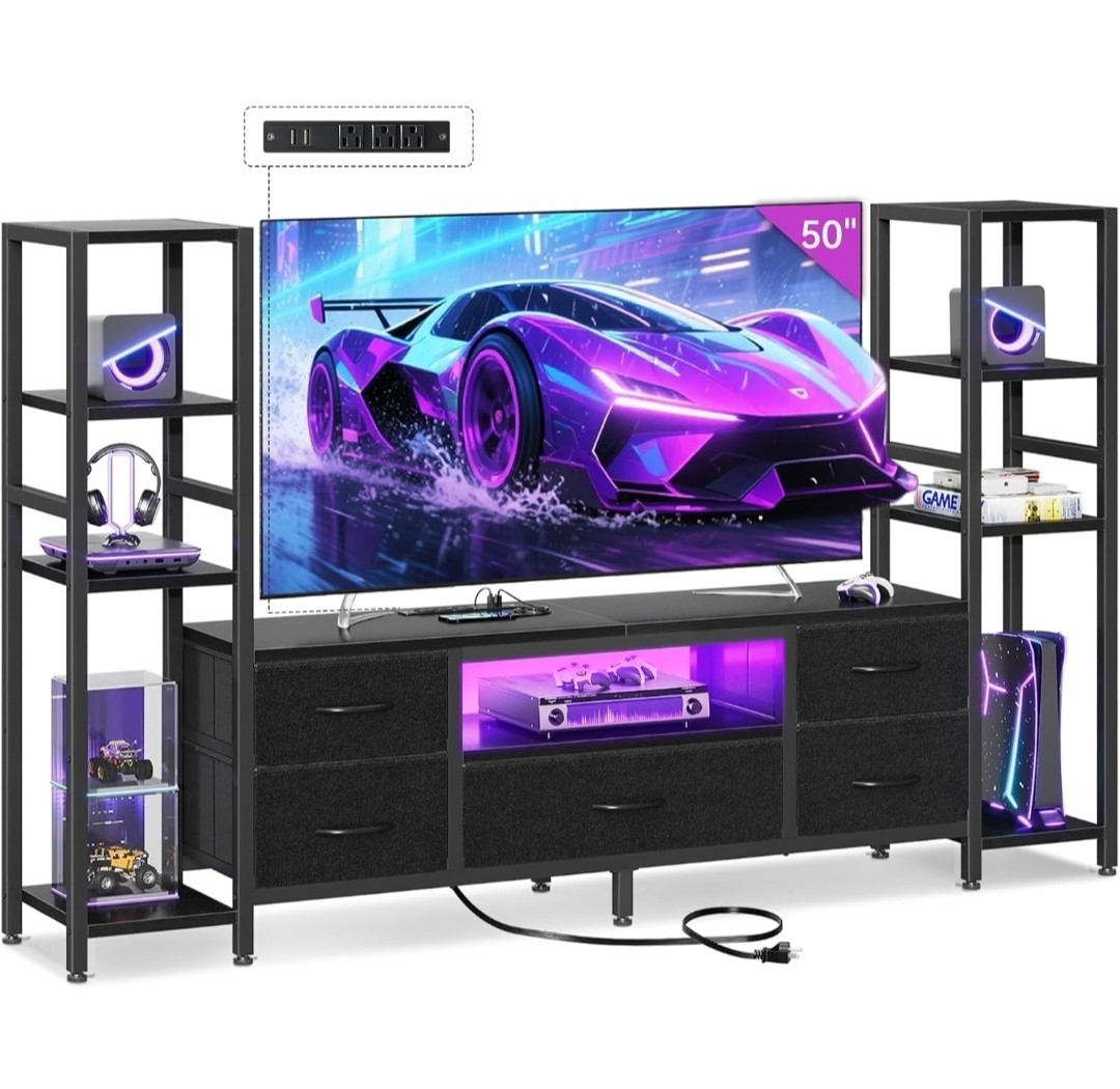 Black TV Stand 70.9in w/ LED Lighting, 5 Drawers, Side Shelves, Fits 55in