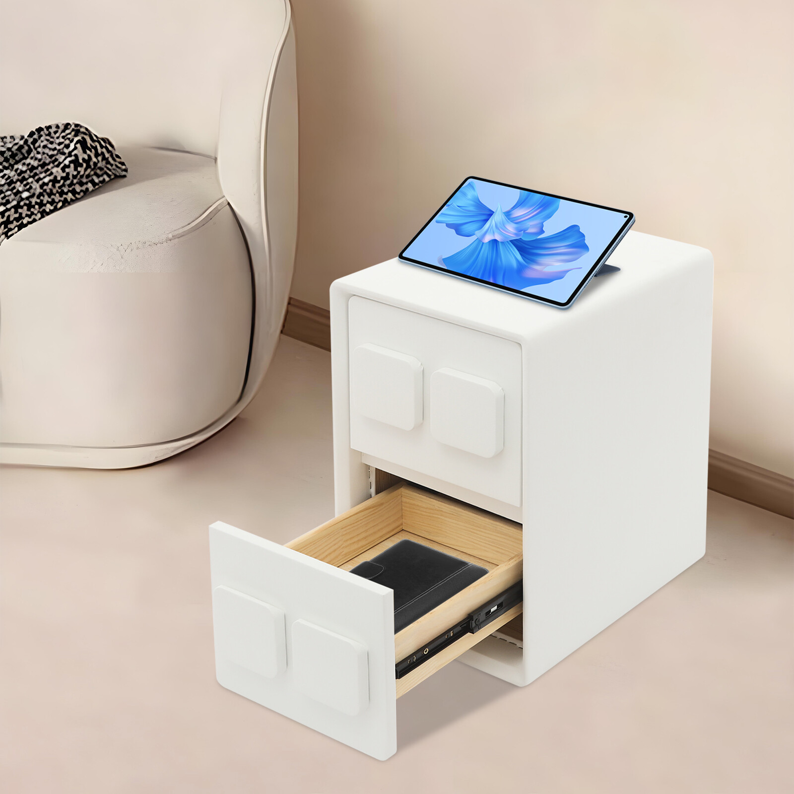 Bedside Table, White Bedside Table W/ 2 Drawers For Study, Bedroom, Living Room