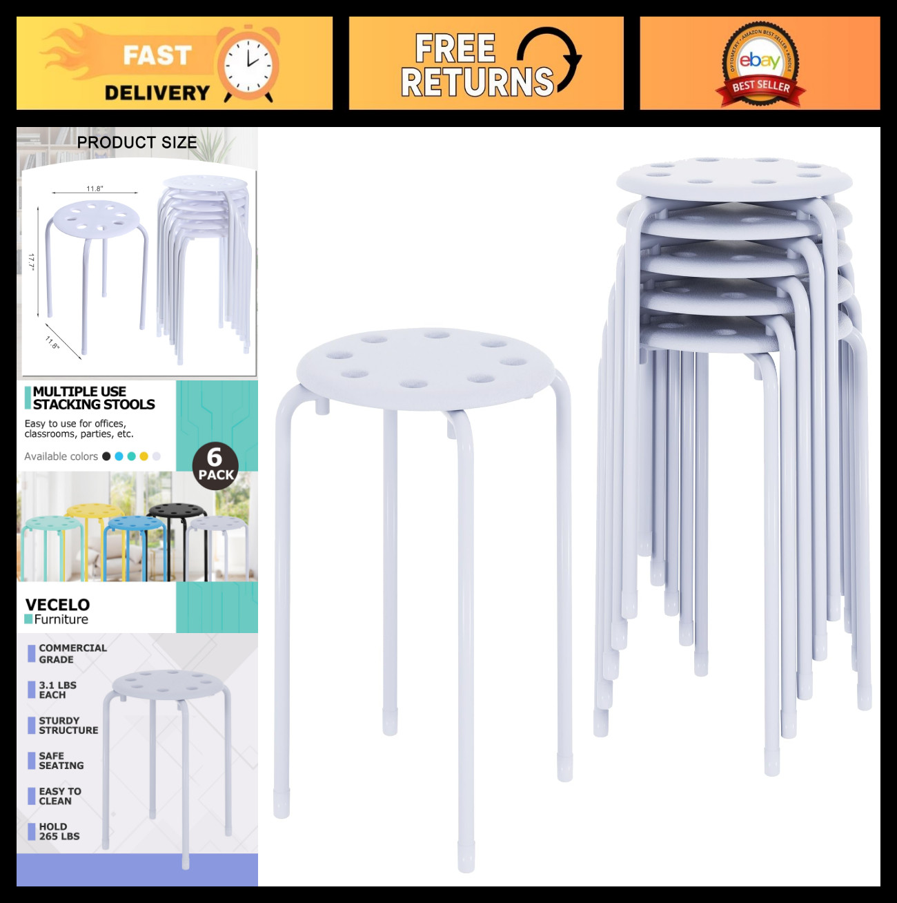 Colorful 6-Piece Stacking Stools Set, 17.7″ Portable Classroom & Office Seating