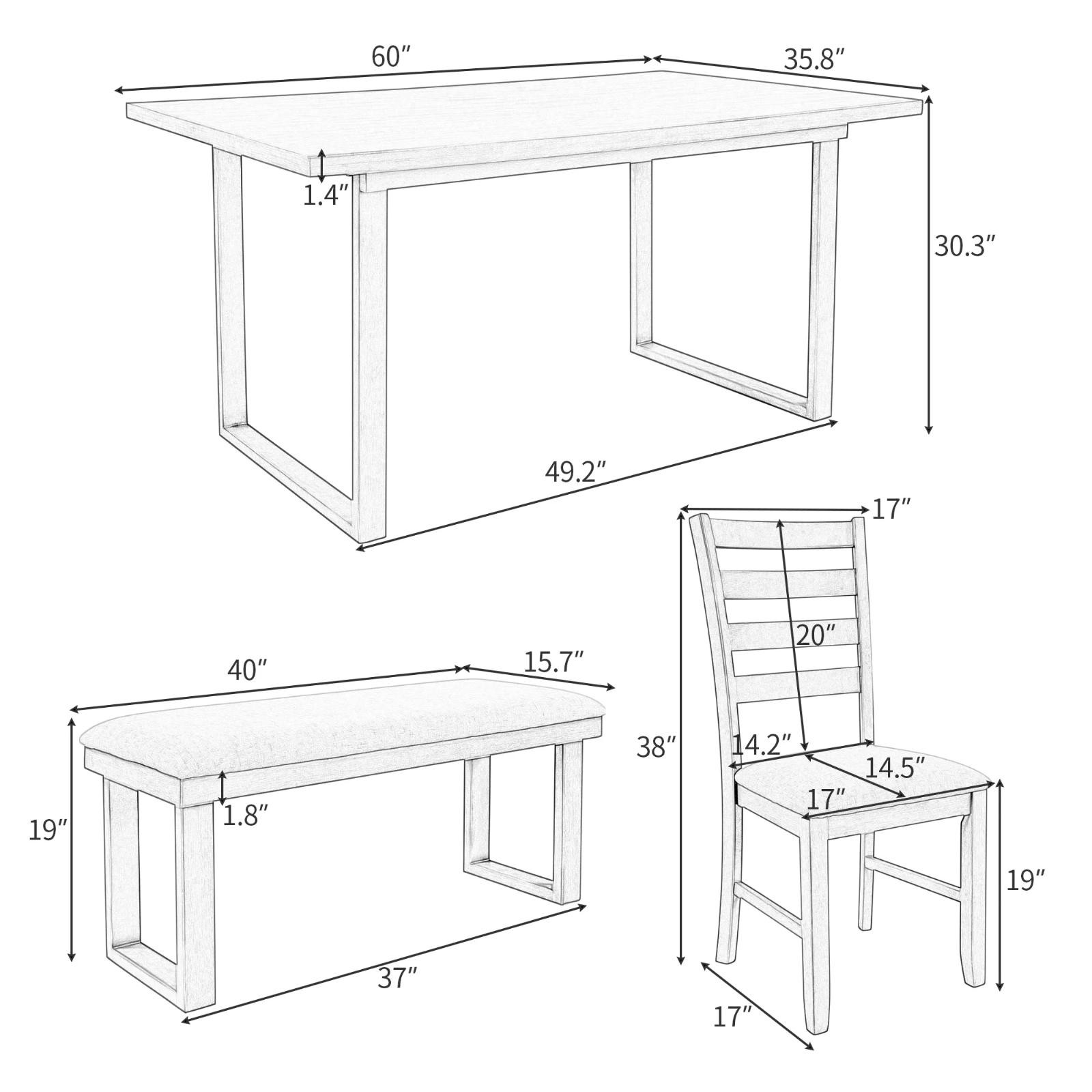 6-Pieces Family Dining Room Set Solid Wood Rectangular Table 4 Chairs & Bench