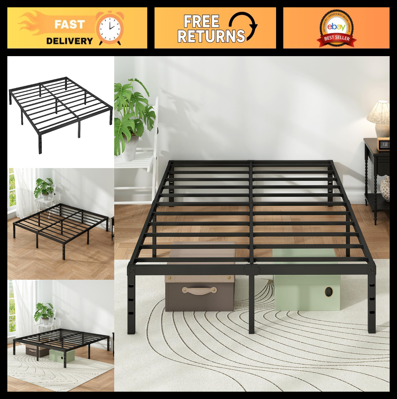 King Size Metal Platform Bed Frame – 14″ Height, Heavy Duty Steel, No Box Spring