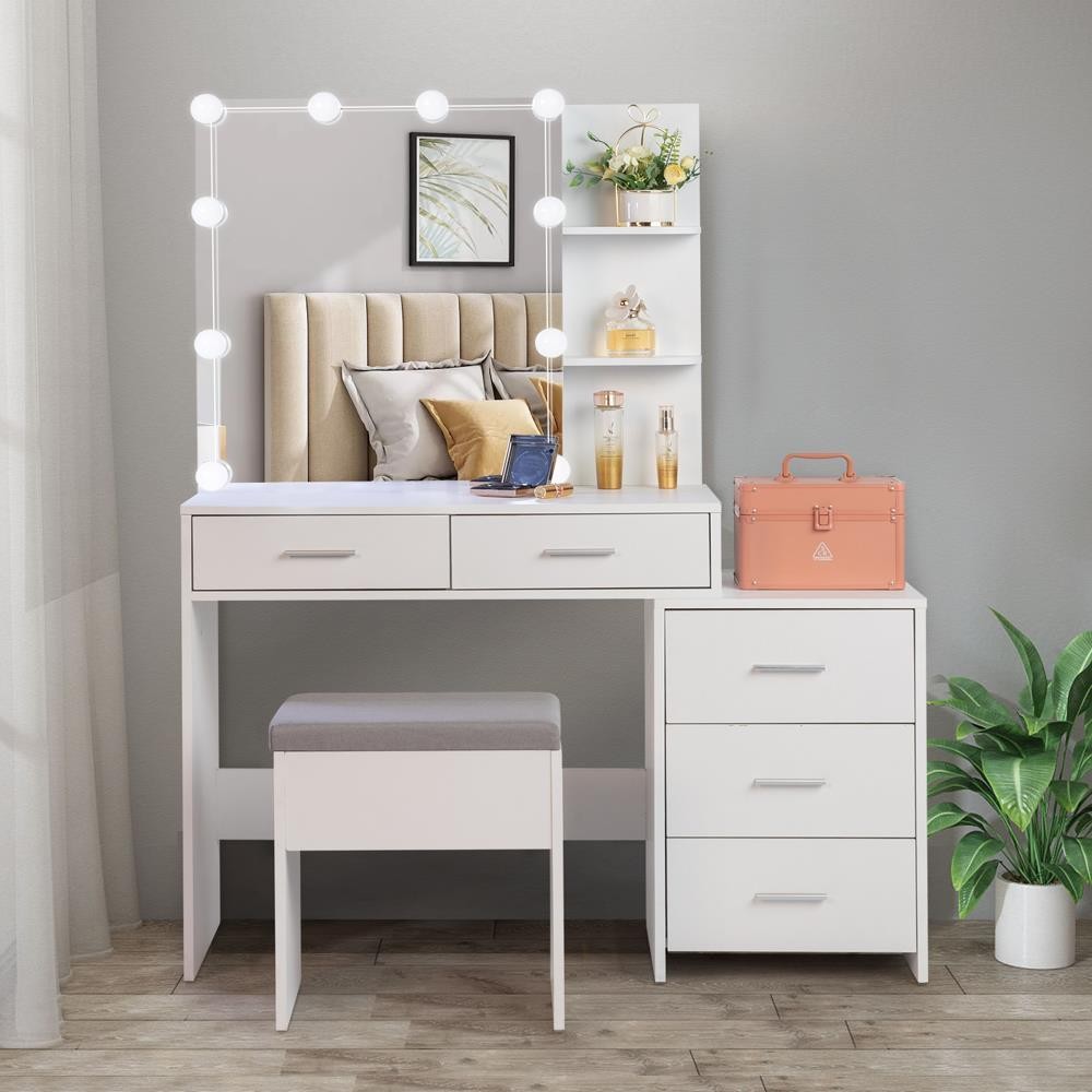 Makeup Vanity Table Stool Dressing Set with 10 Led Lighted Mirror & 5 Drawers