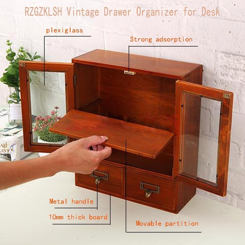 Narrow Vintage Pine Apothecary Cabinet 2 Doors 2 Drawers Brown | 12″L×4.7″W×14″H