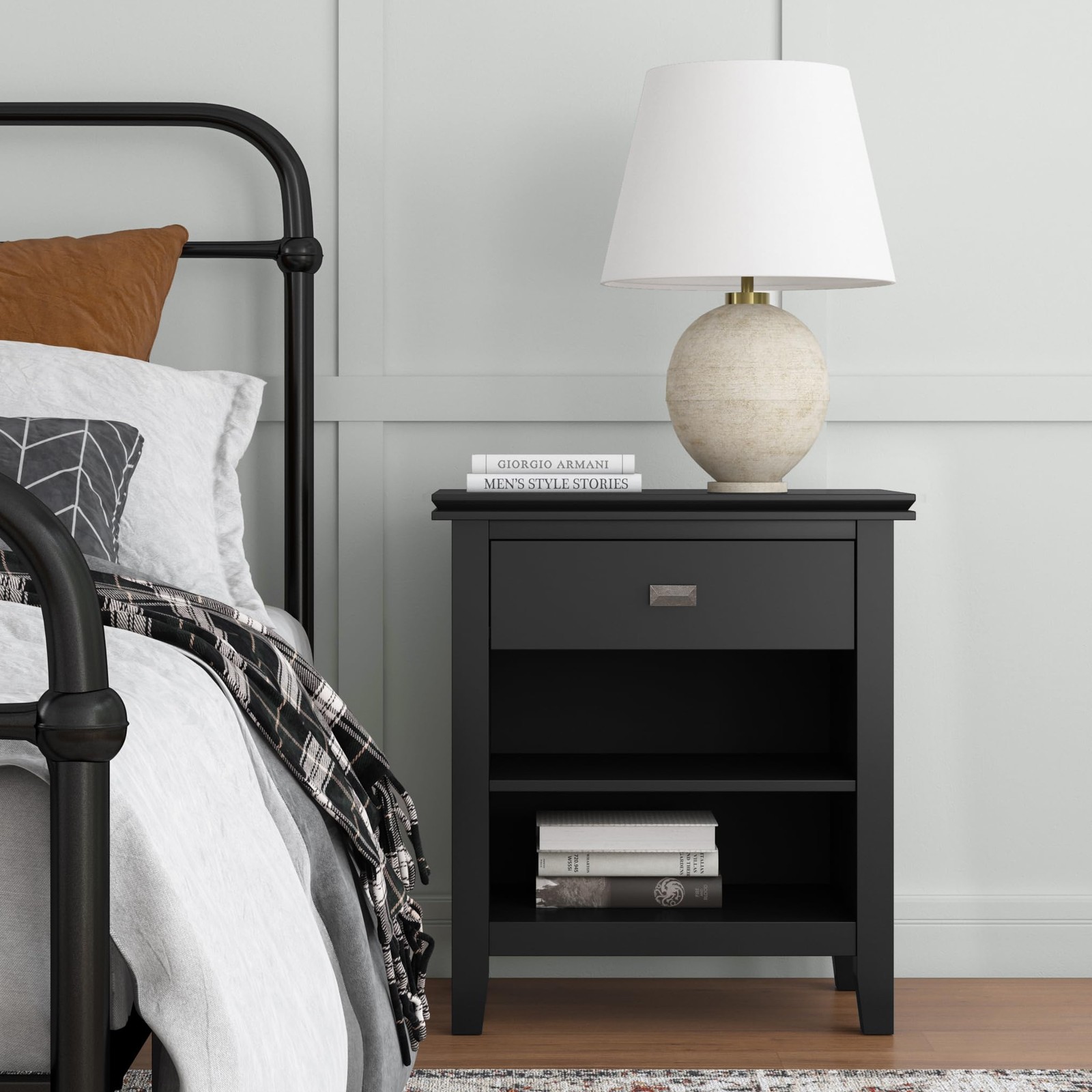 Artisan Bedside Table – 24 inch Wide Solid Wood Nightstand Table in Black,
