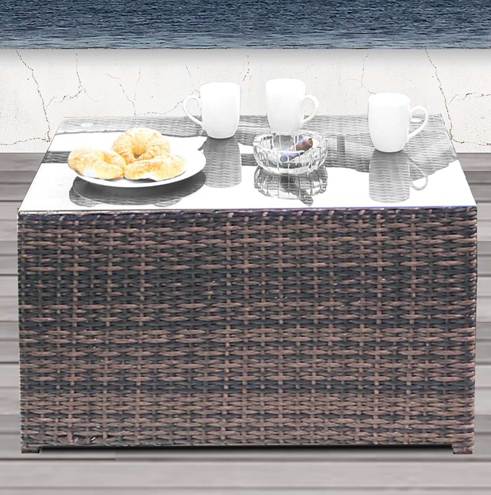 Fully Assembled Brown Wicker Coffee Table Modern Rectangular Glass Top