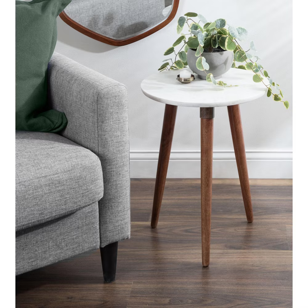 Kate and Laurel Rumsen Round Marble Side Table 16x16x21 Walnut Brown