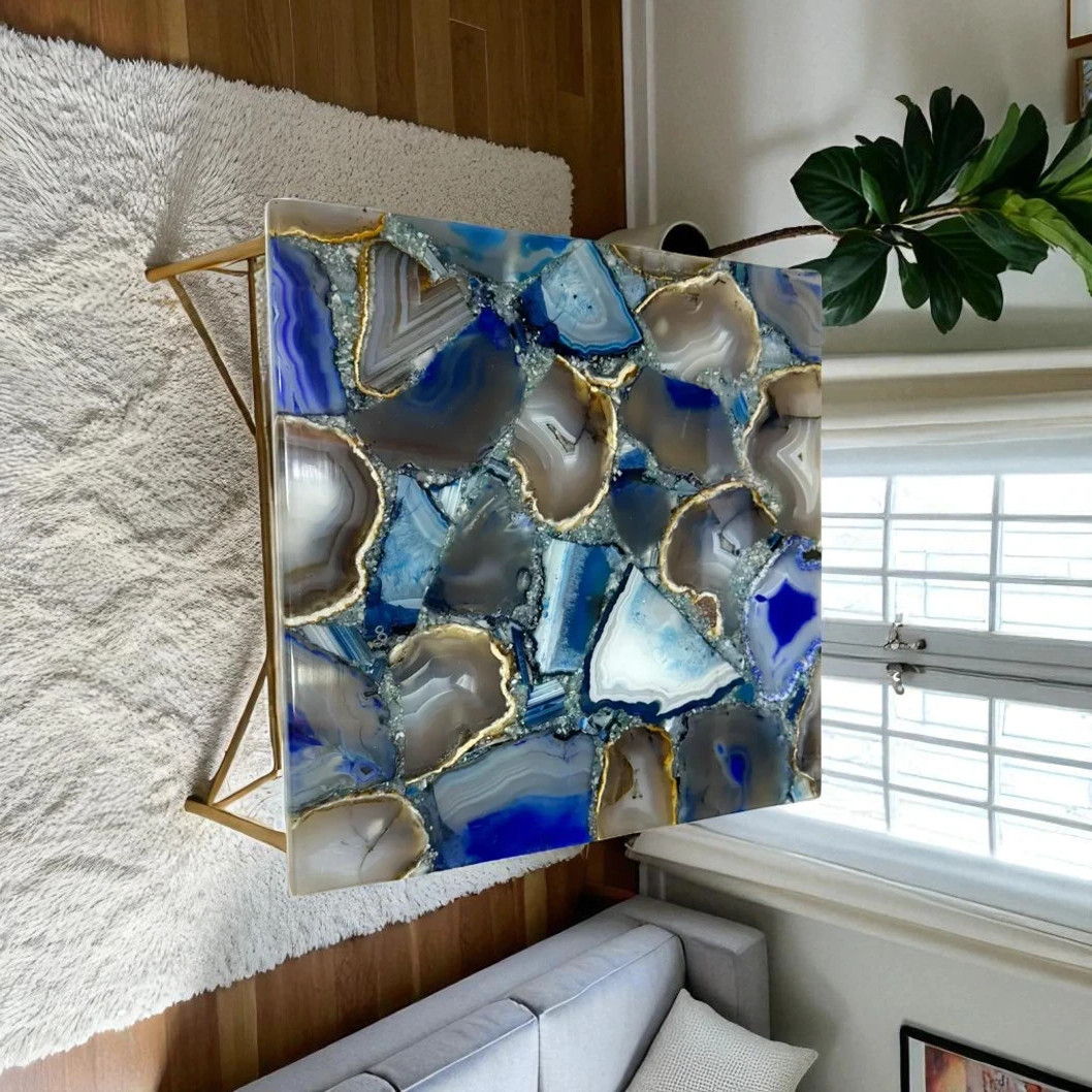 15″ Square Blue Agate Stone Coffee Table Top Luxury Handmade Hallway Decor Arts