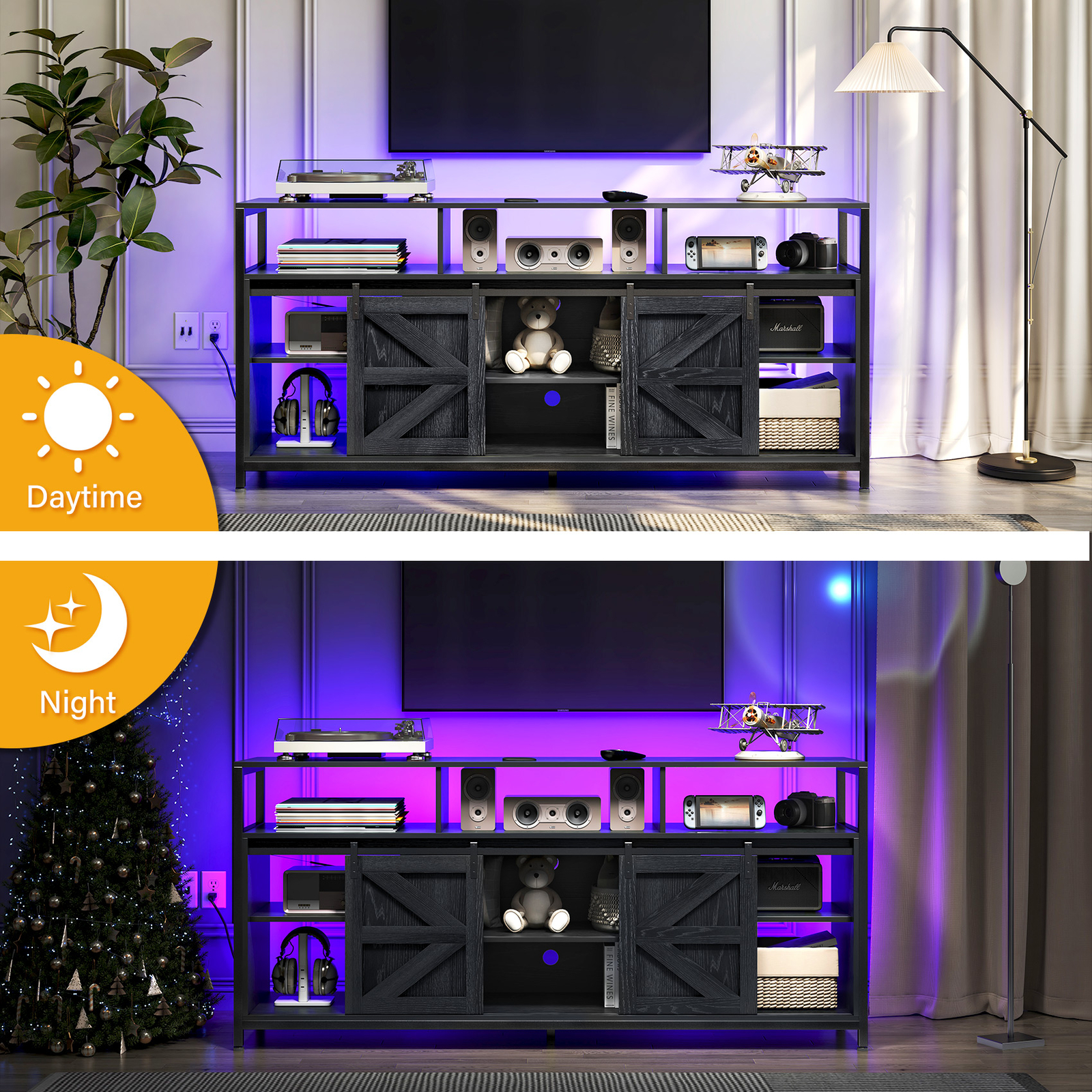 TV Stand Wood with RGB LED & Power Ports 70″ TV Cabinet Entertainment Center