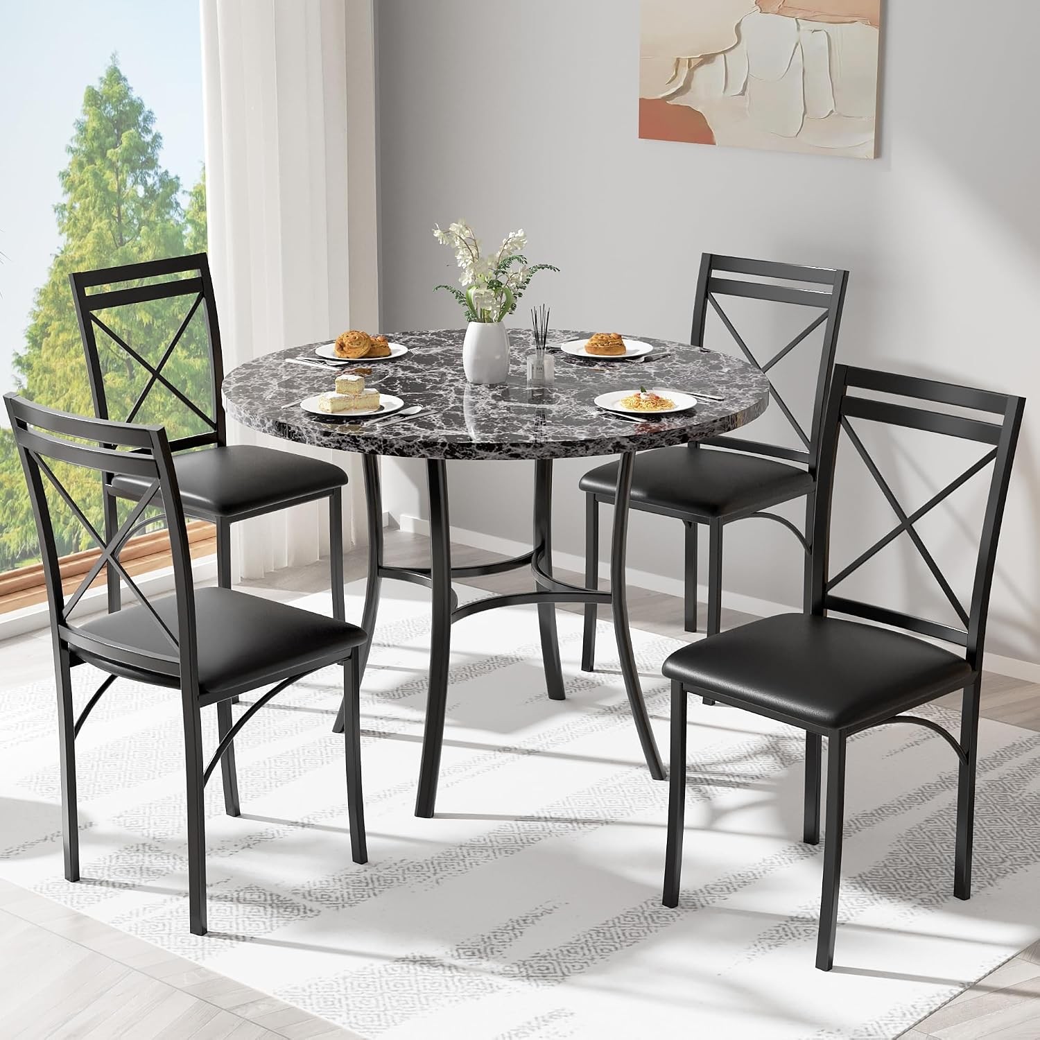 Metal Dining Chairs Set of 4, Steel Legs and PU Leather Cushion Seats for