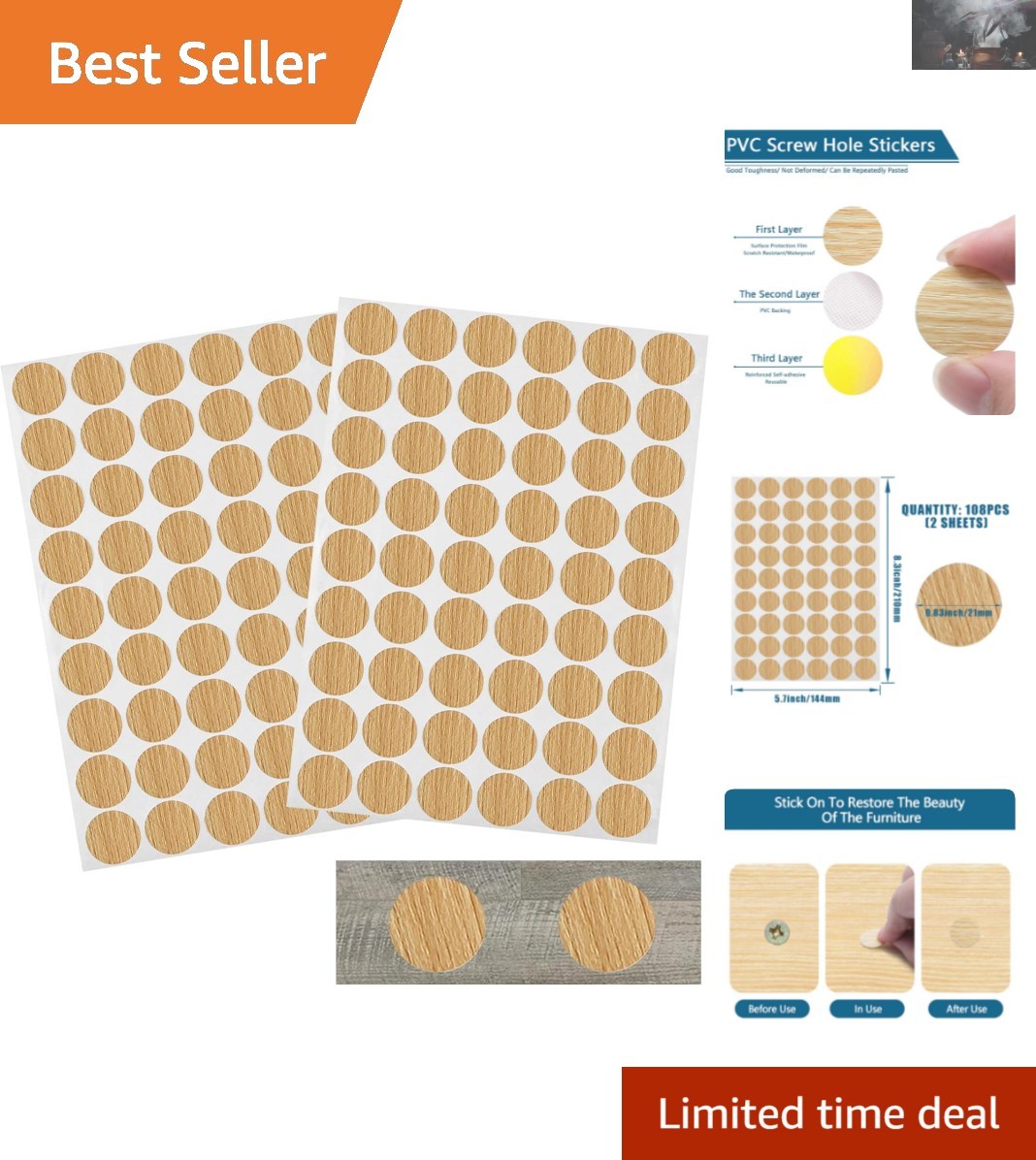 108pcs Self-Adhesive Waterproof Screw Hole Stickers for Wooden Furniture – Maple