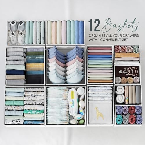 Set of 12 Dresser Organizer Clothes – White-Grey Drawer Organizer Baskets