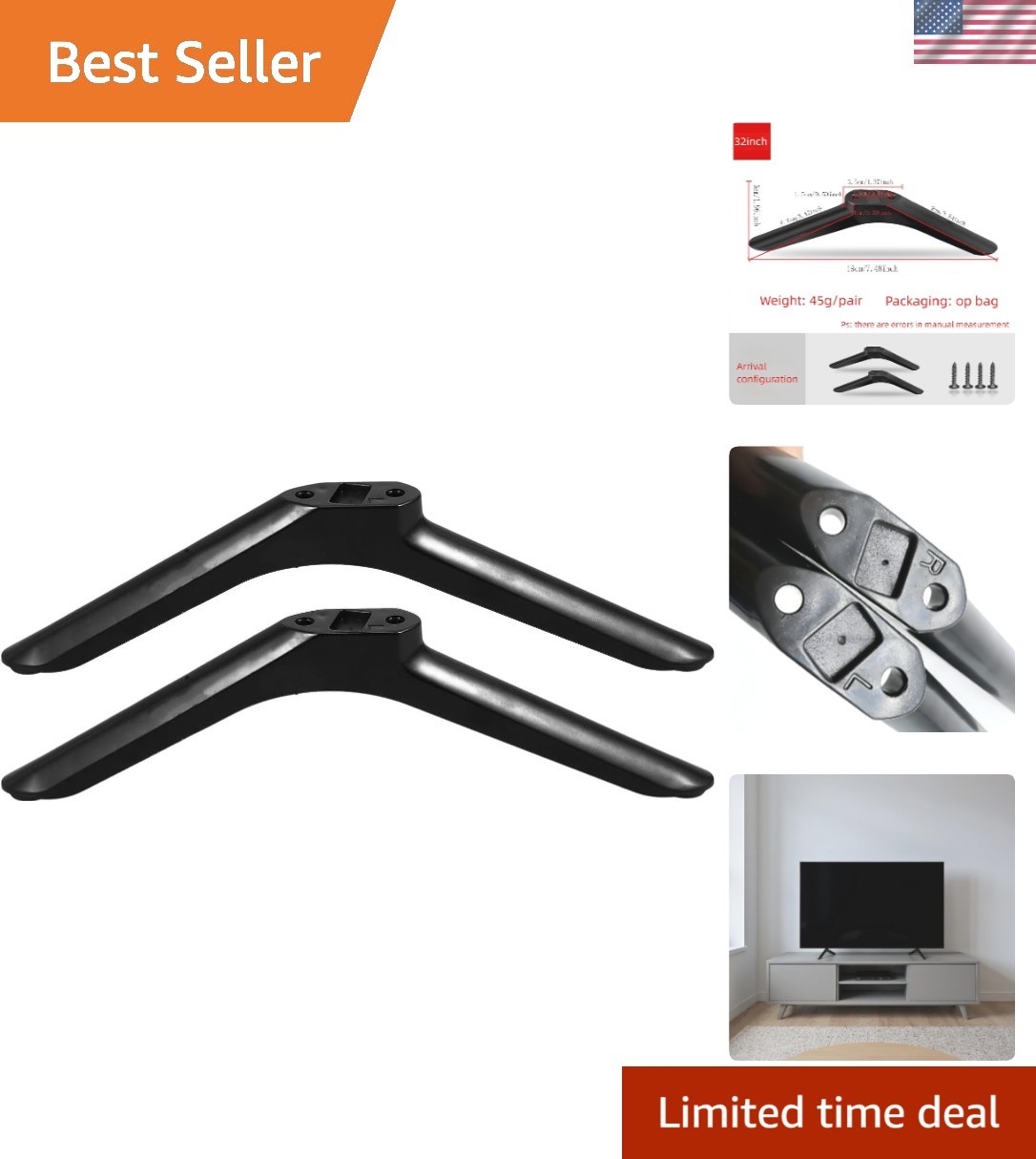 Easy Install TV Stand Legs for 32 Inch TVs | Scratch-Resistant Plastic Base